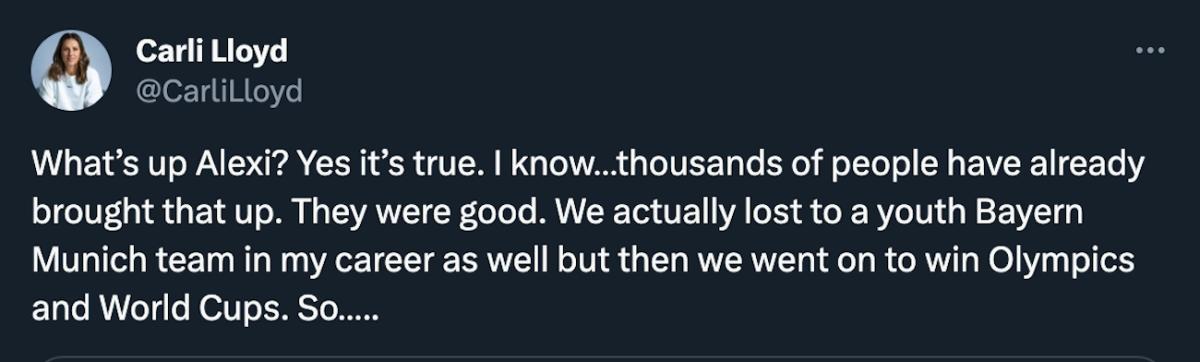 Carli Lloyd’s response to a question about the USWNT losing to an FC Dallas U-15 team on X (formerly Twitter).